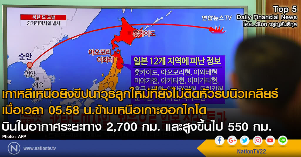 เกาหลีเหนือยิงขีปนาวุธลูกใหม่ที่ยังไม่ติดหัวรบนิวเคลียร์ ข้ามเหนือเกาะฮอกไกโด