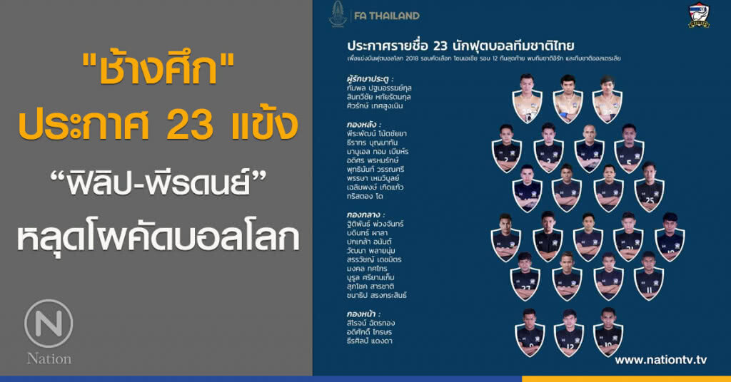 "ช้างศึก"ประกาศ 23 แข้ง "ฟิลิป-พีรดนย์" หลุดโผบอลโลกบู๊อิรัก-ออสซี