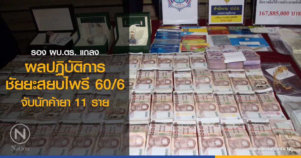รอง ผบ.ตร. แถลง
ผลปฏิบัติการชัยยะสยบไพรี 60/6
จับนักค้ายา 11 ราย รอง ผบ.ตร. แถลง
ผลปฏิบัติการชัยยะสยบไพรี 60/6
จับนักค้ายา 11 ราย
