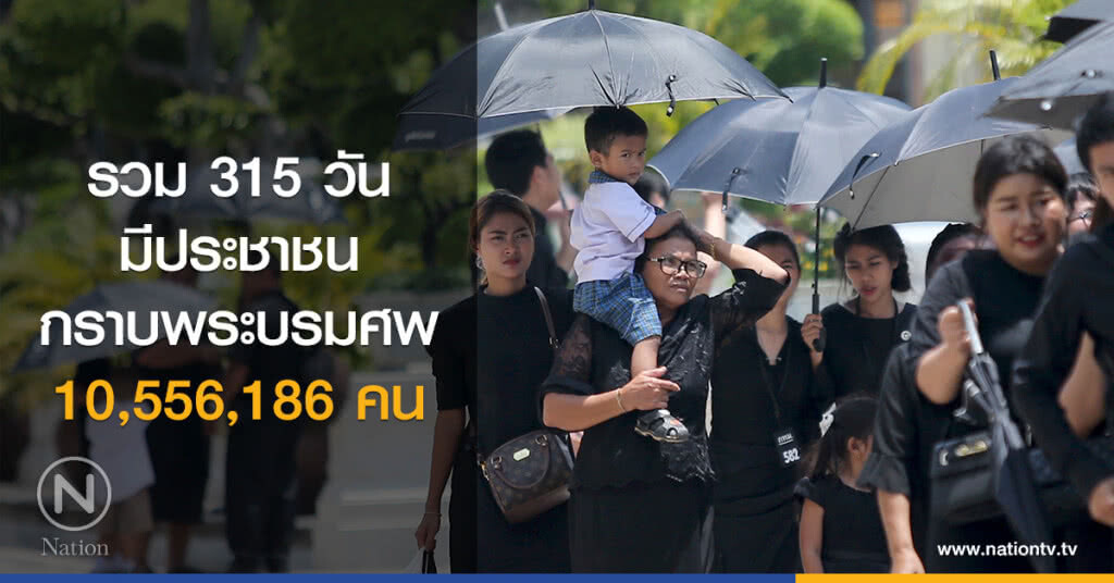 รวม 315 วัน มีประชาชนกราบพระบรมศพ 10,556,186 คน รวม 315 วัน มีประชาชนกราบพระบรมศพ 10,556,186 คน