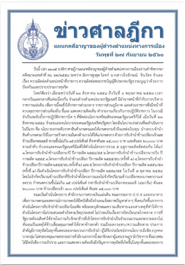 อ่านละเอียด
คำพิพากษาศาลฎีกาฯ
จำคุก "ยิ่งลักษณ์" 5 ปี ไม่รอลงอาญา 
ละเว้นการปฏิบัติหน้าที่โดยทุจริต!