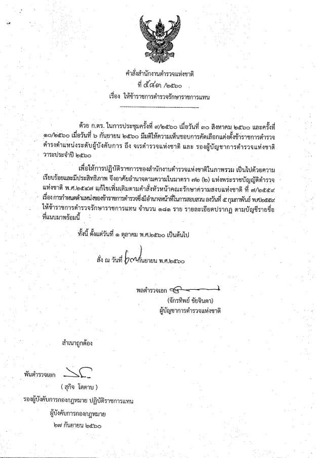 ผบ.ตร. ลงนามคำสั่ง
รรท. รองผบ.ตร.-ผบก.
181 ตำแหน่ง
มีผล 1 ต.ค.60