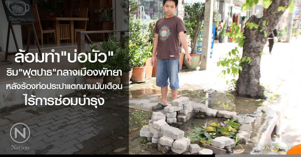 ล้อมทำ "บ่อบัว"ริม"ฟุตปาธ"
กลางเมืองพัทยา
หลังร้องท่อประปาแตกนานนับเดือน
ไร้การซ่อมบำรุง ล้อมทำ "บ่อบัว"ริม"ฟุตปาธ"
กลางเมืองพัทยา
หลังร้องท่อประปาแตกนานนับเดือน
ไร้การซ่อมบำรุง