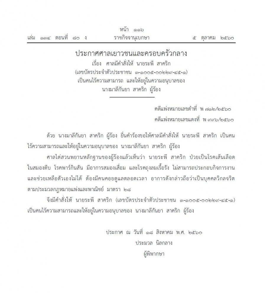 ศาลมีคำสั่งให้ ‘ระพี สาคริก’ เป็นคนไร้ความสามารถ