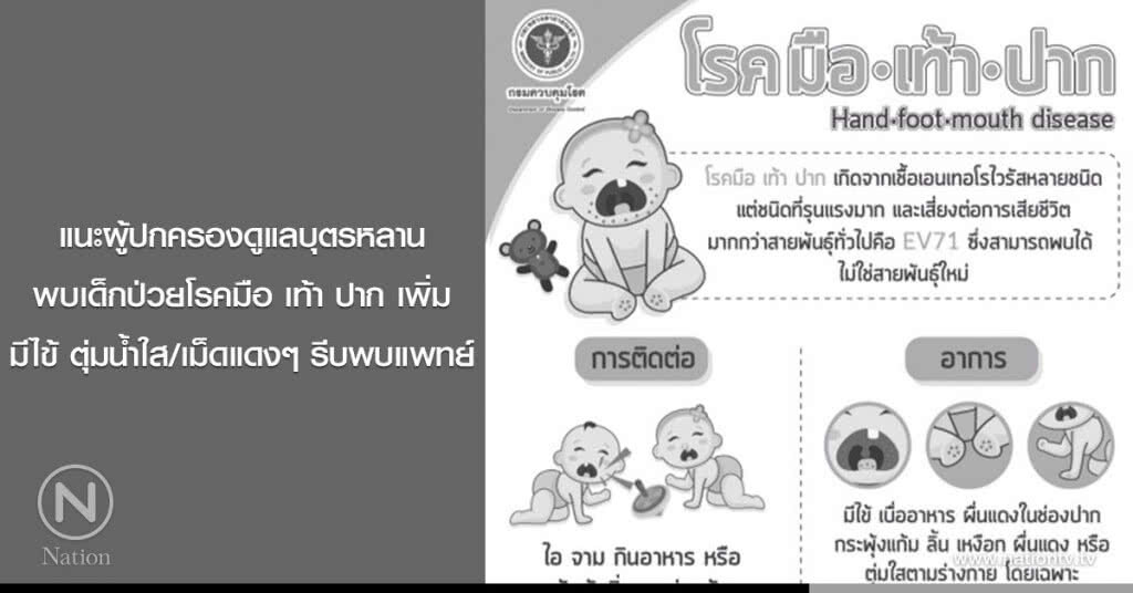 แนะผู้ปกครองดูแลบุตรหลาน
พบเด็กป่วยโรคมือ เท้า ปาก เพิ่ม
มีไข้ ตุ่มน้ำใส/เม็ดแดงๆ รีบพบแพทย์