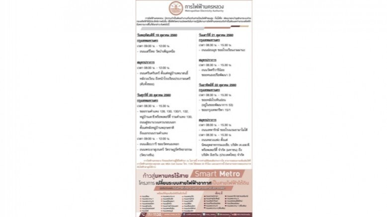 เช็คด่วน!
กฟน. ประกาศงดจ่ายกระแสไฟฟ้าชั่วคราว 19 - 22 ต.ค. 60