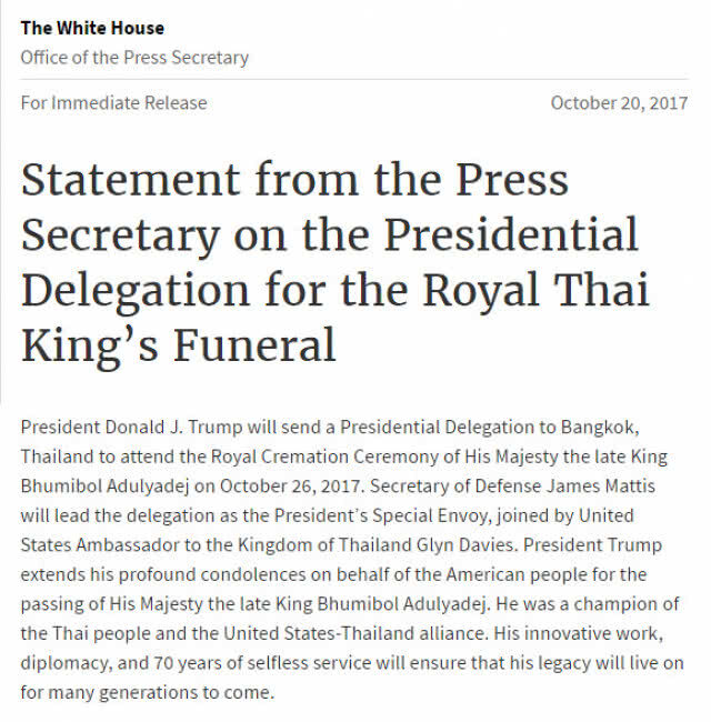 คณะผู้แทนปธน.สหรัฐ ร่วมพระราชพิธีถวายพระเพลิงฯ