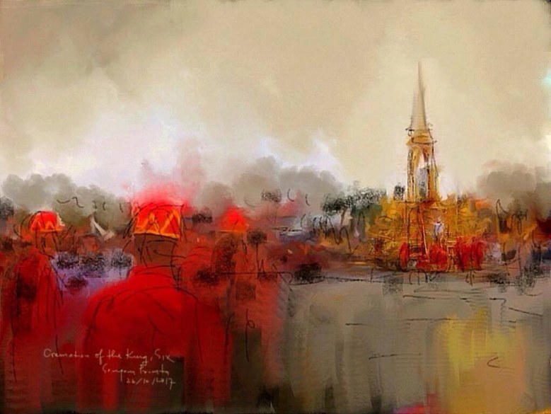 ภาพวาดสด(บนไอแพด) "งานพระราชพิธีถวายพระเพลิงพระบรมศพ" โดย ศ.ดร.สมภาร พรมทา