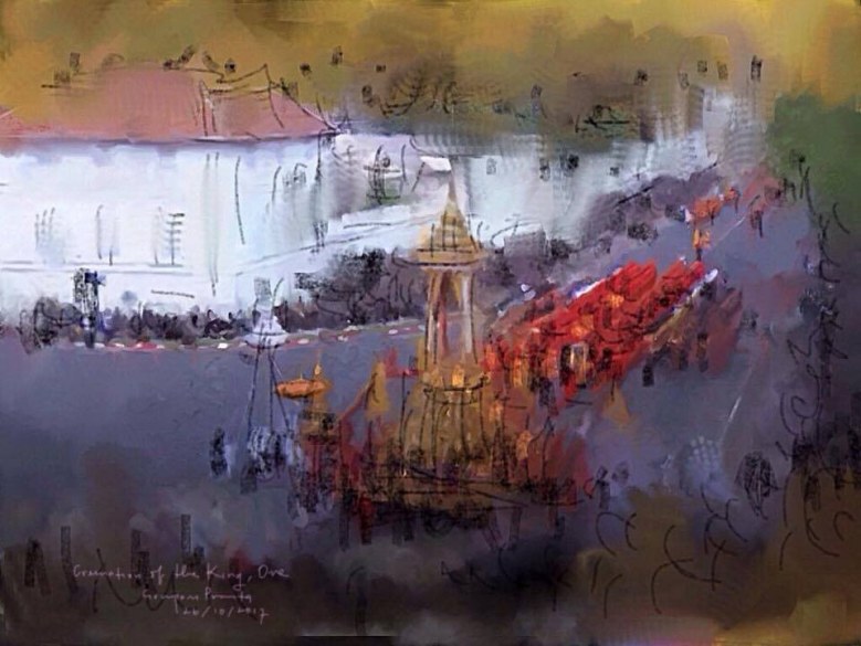 ภาพวาดสด(บนไอแพด) "งานพระราชพิธีถวายพระเพลิงพระบรมศพ" โดย ศ.ดร.สมภาร พรมทา