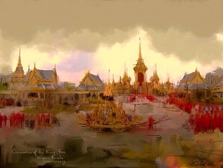 ภาพวาดสด(บนไอแพด) "งานพระราชพิธีถวายพระเพลิงพระบรมศพ" โดย ศ.ดร.สมภาร พรมทา