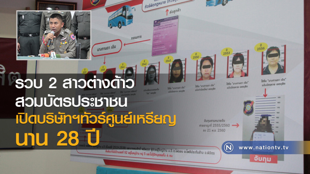 รวบ 2 สาวต่างด้าว
สวมบัตรประชาชน
เปิดบริษัทฯทัวร์ศูนย์เหรียญ
นาน 28 ปี