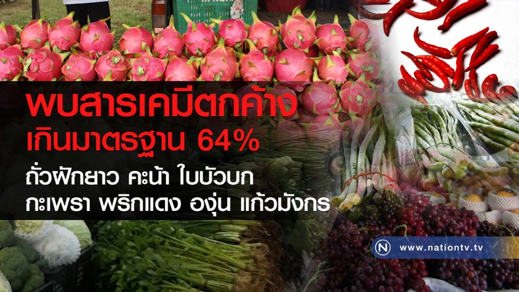 พบสารเคมีตกค้างเกินมาตรฐาน 64% 
ถั่วฝักยาว คะน้า ใบบัวบก 
กะเพรา พริกแดง องุ่น แก้วมังกร