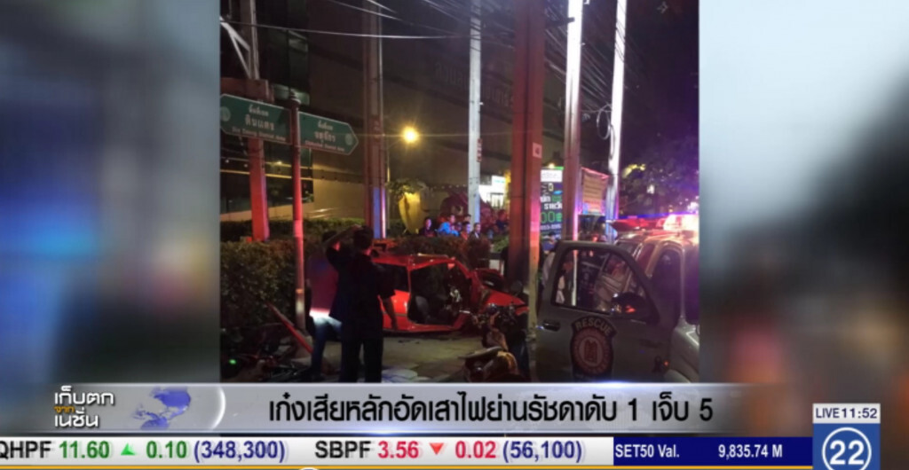 รถเก๋งซิ่งเสียหลัก อัดเสาไฟฟ้าดับ 1 เจ็บอีก 5 ราย รถเก๋งซิ่งเสียหลัก อัดเสาไฟฟ้าดับ 1 เจ็บอีก 5 ราย