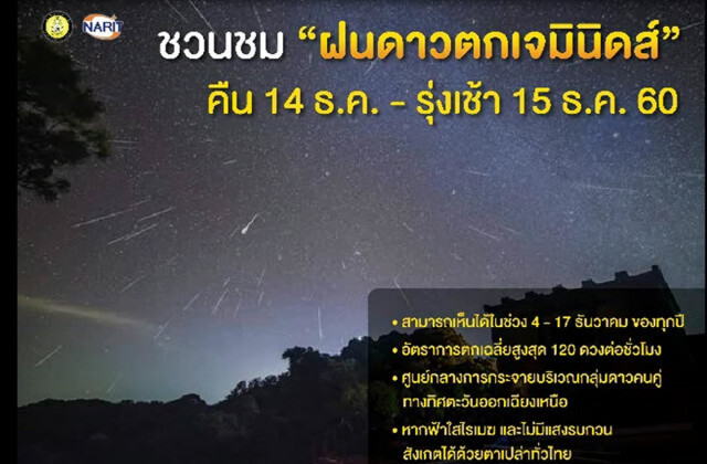 นักดาราศาสตร์ ชวนกางเต็นท์นอนรอชมฝนดาวตกเจมินิดส์ คืน 14-15 ธ.ค.