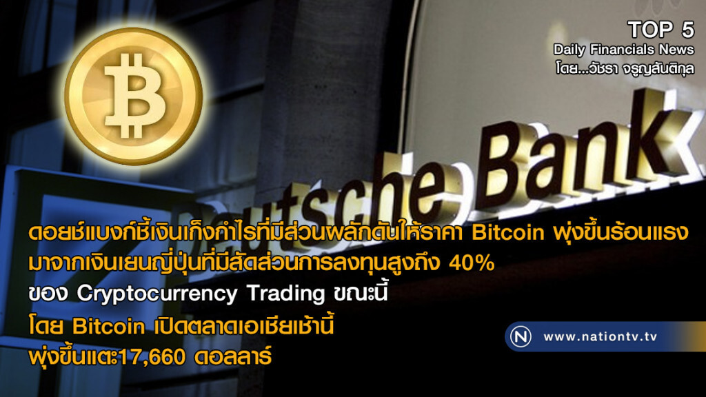 Bitcoin เปิดตลาดเอเชียเช้านี้
พุ่งขึ้นแตะ17,660 ดอลลาร์