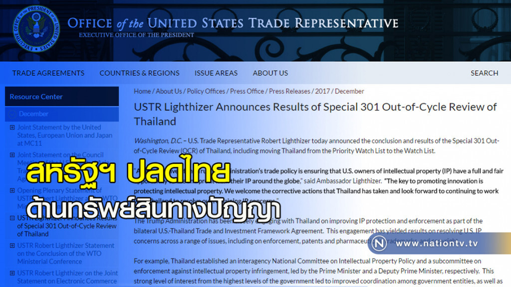 สหรัฐฯ ปลดไทยด้านทรัพย์สินทางปัญญา