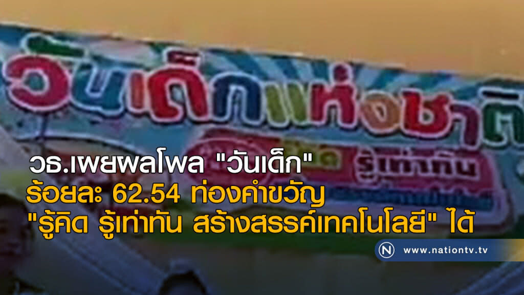 วธ.เผยผลโพล "วันเด็ก" ร้อยละ 62.54 ท่องคำขวัญ "รู้คิด รู้เท่าทัน สร้างสรรค์เทคโนโลยี" ได้