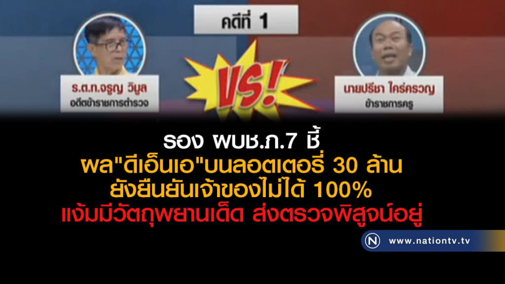 รอง ผบช.ภ.7 ชี้
ผล"ดีเอ็นเอ"บนลอตเตอรี่ 30 ล้าน
ยังยืนยันเจ้าของไม่ได้ 100% รอง ผบช.ภ.7 ชี้
ผล"ดีเอ็นเอ"บนลอตเตอรี่ 30 ล้าน
ยังยืนยันเจ้าของไม่ได้ 100%