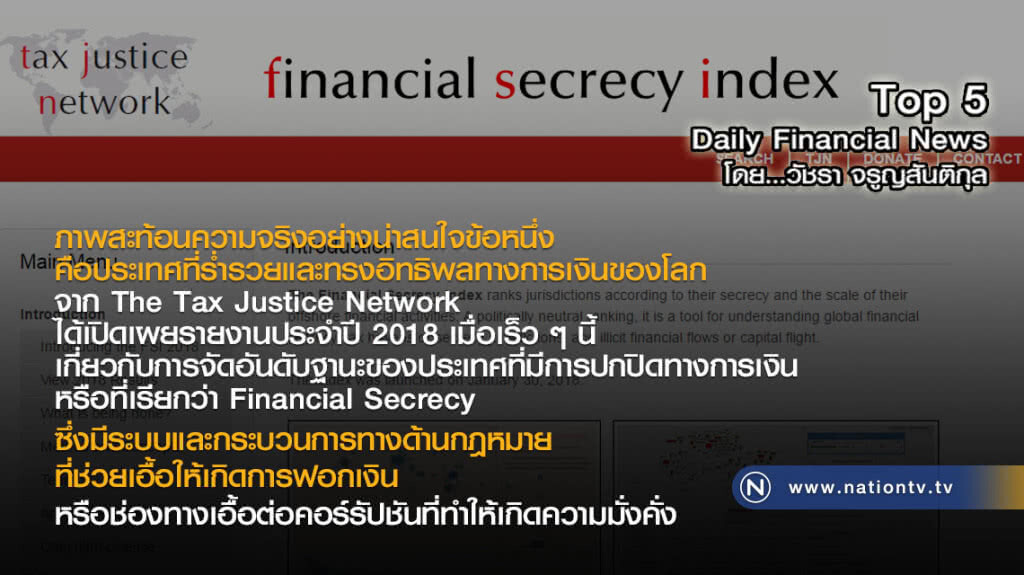 The Tax Justice Network เผยรายงานปี 2018 เกี่ยวกับการจัดอันดับฐานะประเทศที่มีการปกปิดทางการเงิน