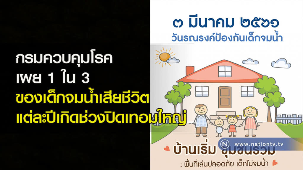 กรมควบคุมโรค เผย 1 ใน 3 ของเด็กจมน้ำเสียชีวิตแต่ละปีเกิดช่วงปิดเทอมใหญ่