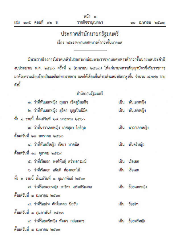 ราชกิจจาฯ เผยแพร่ประกาศฯ พระราชทานยศทหารต่ำกว่าชั้นนายพล