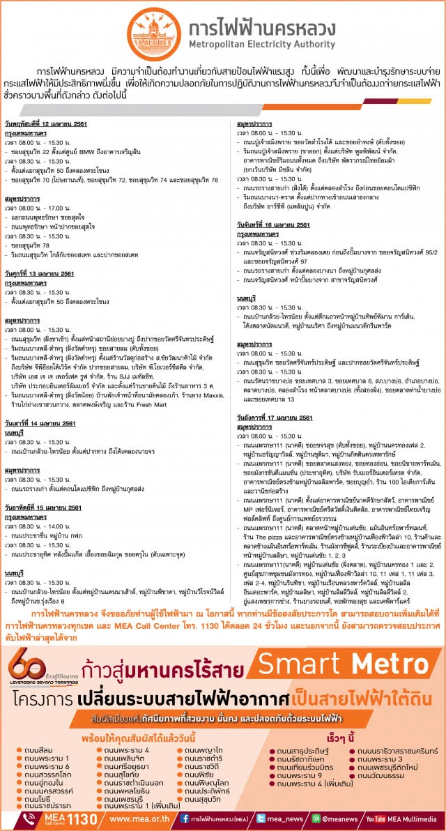 เช็คด่วน! หยุดสงกรานต์บ้านใครไฟดับ
กฟน.ประกาศดับไฟ 12 - 17 เมษายน 2561