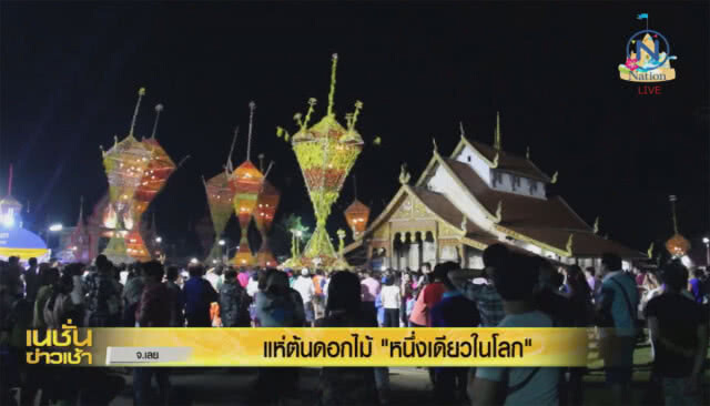 แห่ต้นดอกไม้ "หนึ่งเดียวในโลก" ที่บ้านแสงภา อำเภอนาแห้ว