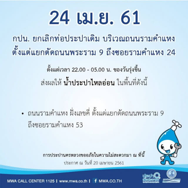 บ้านใครเช็คด่วน! 24 เม.ย. น้ำประปาไหลอ่อน