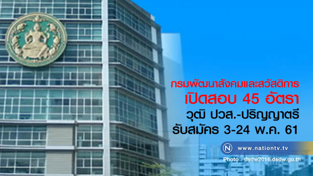 กรมพัฒนาสังคมและสวัสดิการ
เปิดสอบบรรจุ 45 อัตรา
วุฒิ ปวส.-ปริญญาตรี
รับสมัคร 3 - 24 พ.ค. 61