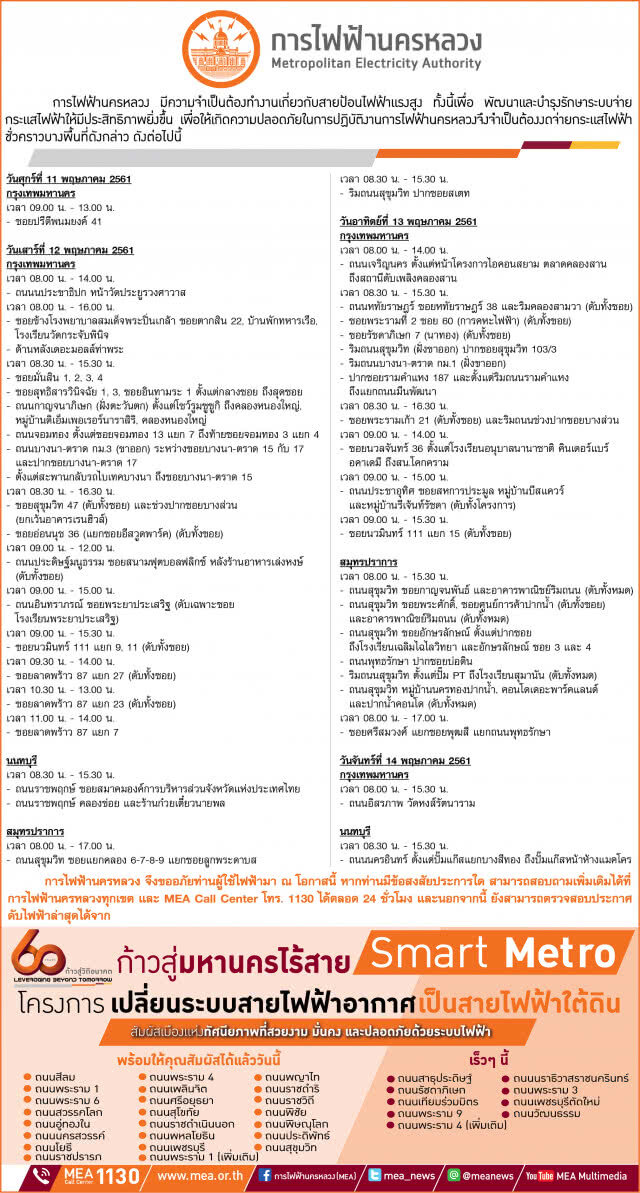 ประกาศไฟดับ! 11-14 พฤษภาคม 2561