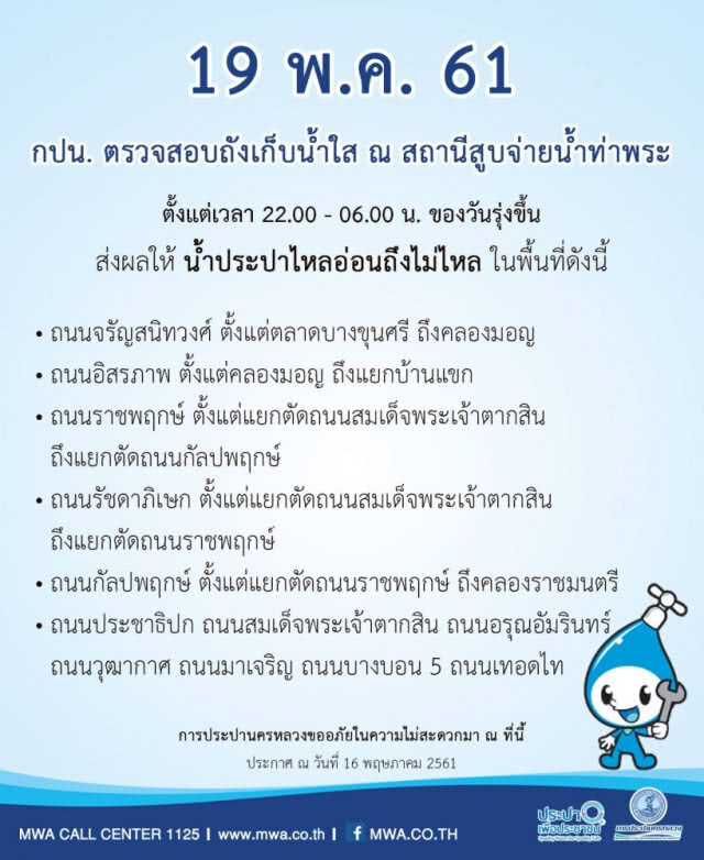 12 ถนน เตรียมรับมือ! น้ำประปาไม่ไหล