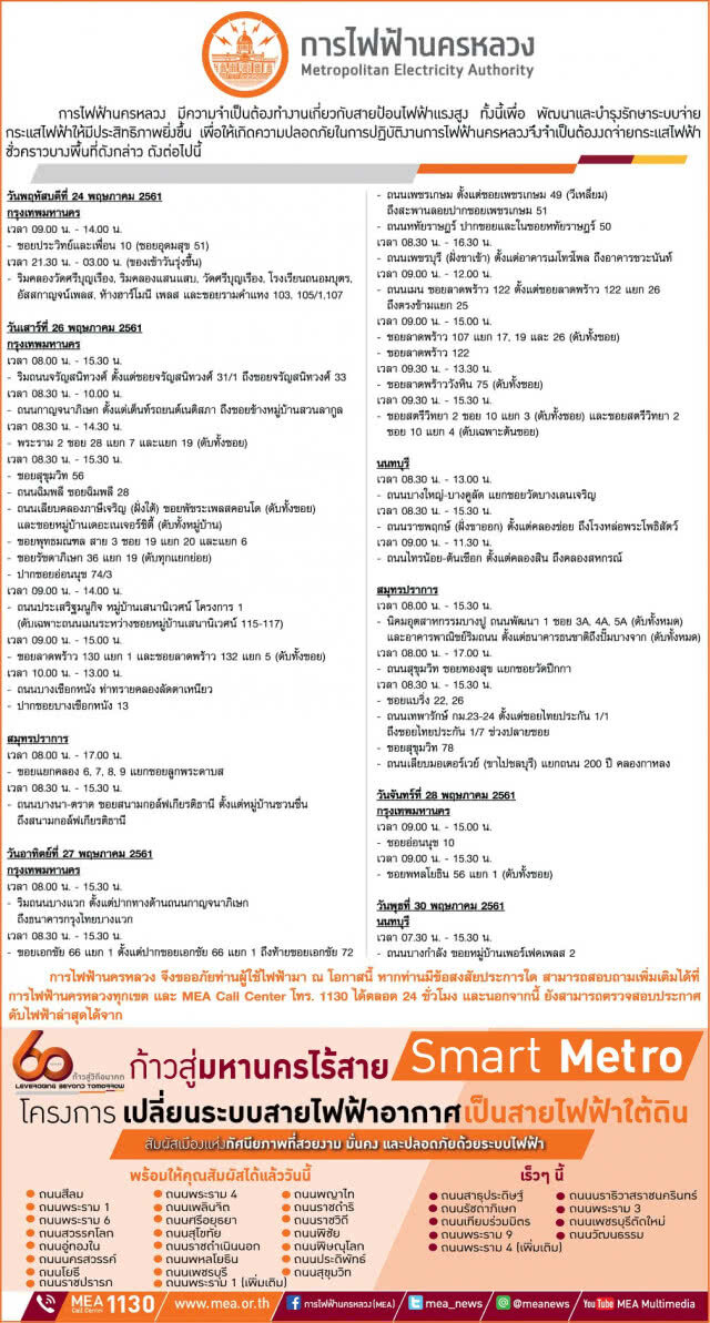 เช็คด่วน! กฟน.ประกาศดับไฟ  24 - 30 พ.ค.61