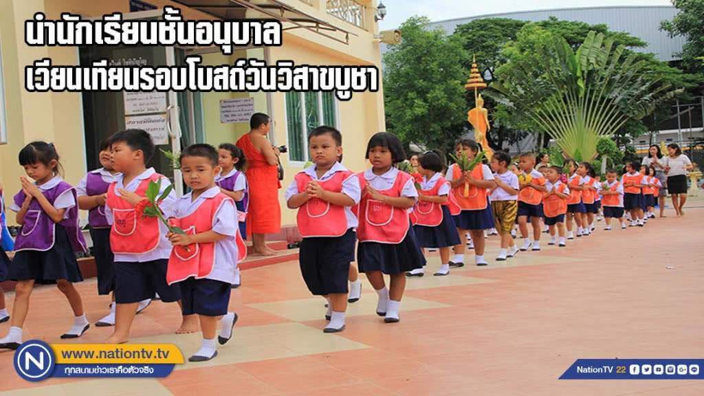 นำนักเรียนชั้นอนุบาลร่วมเวียนเทียนรอบโบสถ์วันวิสาขบูชา(มีคลิป)