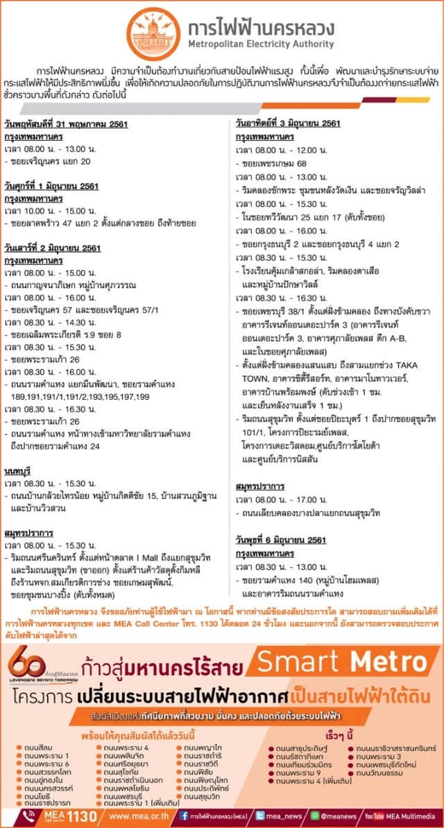 เช็คพื้นที่! ไฟดับ 31 พ.ค. - 6 มิ.ย.
