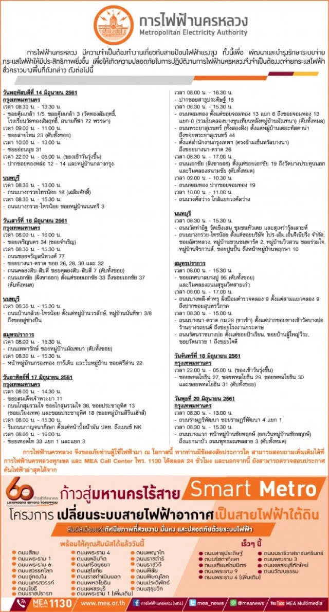 บ้านใครเช็คด่วน!!! กฟน.ประกาศดับไฟชั่วคราว 14 - 20 มิ.ย.