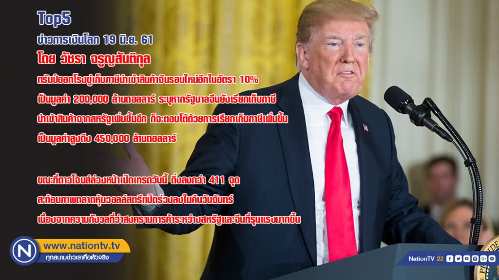 ทรัมป์ออกโรงขู่เก็บภาษีนำเข้าสินค้าจีนรอบใหม่อีกในอัตรา 10% เป็นมูลค่า 200,000 ล้าน