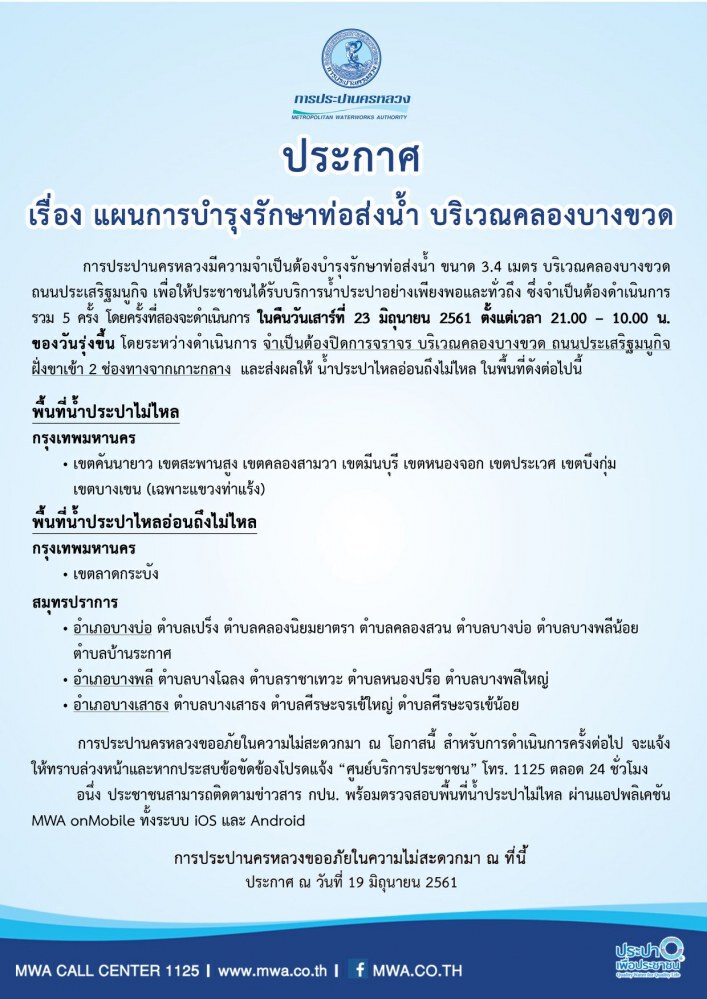 กปน. ประกาศ 23 มิ.ย. กทม.-สมุทรปราการ น้ำประปาไหลอ่อน-ไม่ไหล