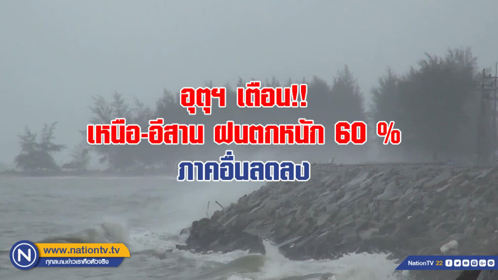 อุตุฯ เตือน!! เหนือ-อีสาน ฝนตกหนัก 60 % ภาคอื่นลดลง
