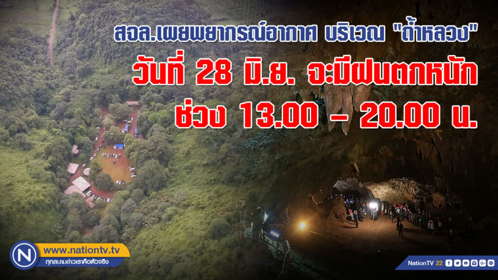 สจล.เผยพยากรณ์อากาศ บริเวณ "ถ้ำหลวง" วันที่ 28 มิ.ย. จะมีฝนตกหนัก ช่วง 13.00 – 20.00 น.