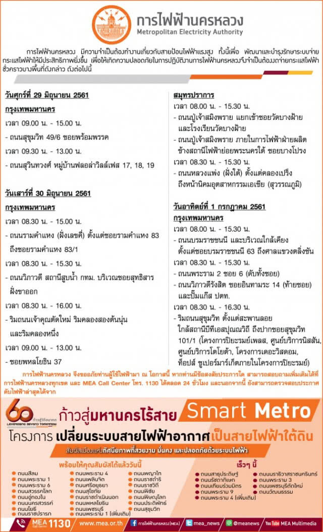 กฟน.ดับไฟทำงาน 29 มิ.ย. - 1 ก.ค.