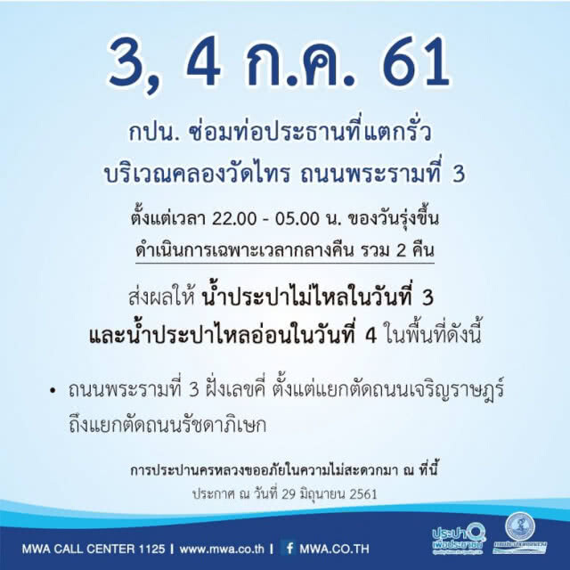 แถวบ้านใครเช็คเลย!! คืนวันที่ 3-4-5 ก.ค. น้ำประปาไม่ไหล-ไหลอ่อน