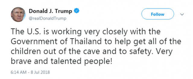 "ทรัมป์" ทวิต "ทำงานใกล้ชิดรัฐบาลไทย นำเด็กออกจากถ้ำ"