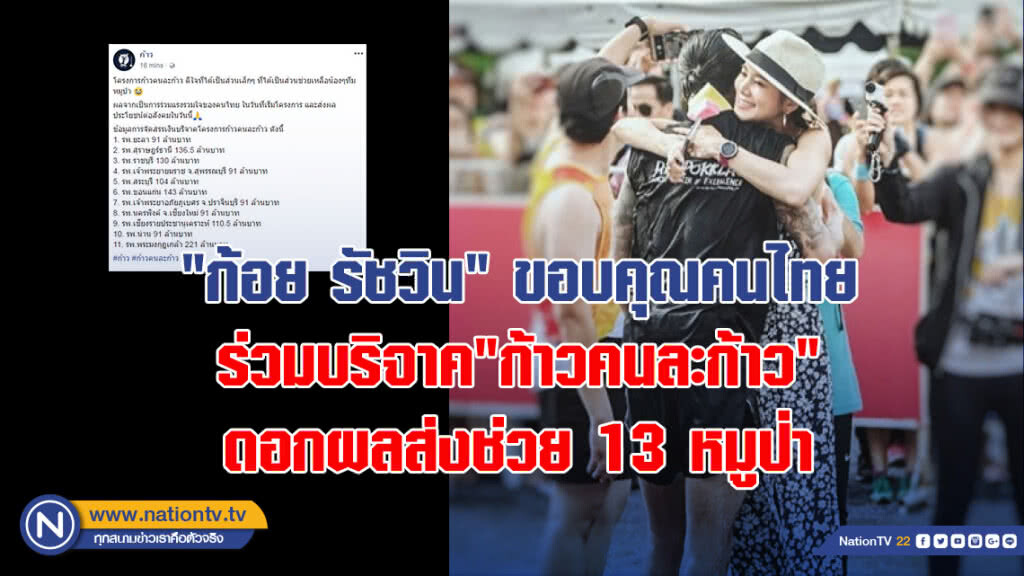 "ก้อย รัชวิน" ขอบคุณคนไทยร่วมบริจาค "ก้าวคนละก้าว" ดอกผลส่งช่วย 13 หมูป่า