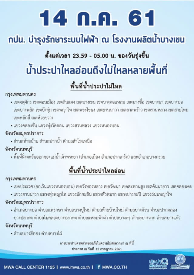 บ้านใครเช็คด่วน!!! คืนนี้ และวันที่ 14 ก.ค.น้ำประปาไม่ไหล