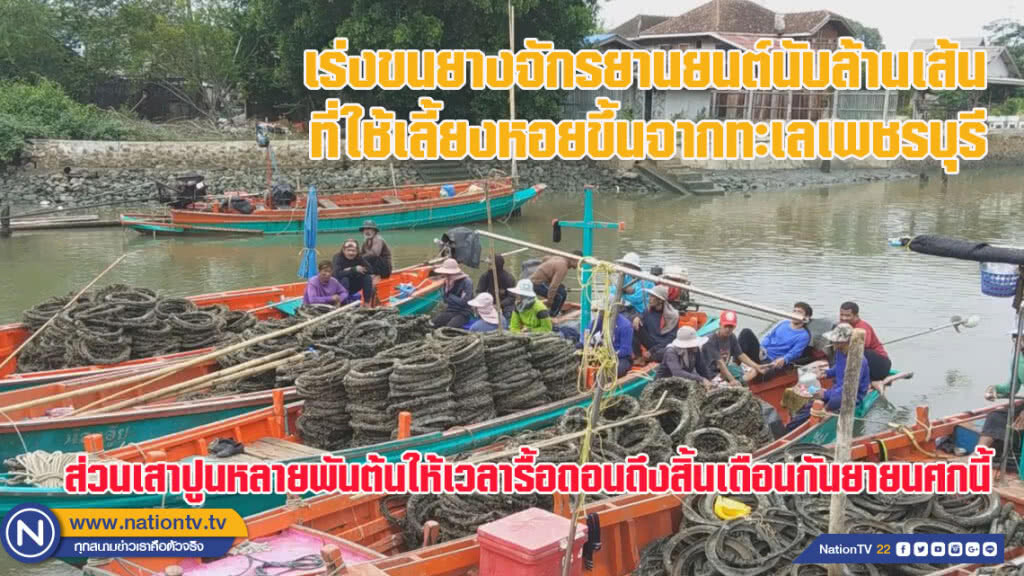 เร่งขนยาง จยย.นับล้านเส้นที่ใช้เลี้ยงหอยขึ้นจากทะเลเพชรบุรี (ชมคลิป)