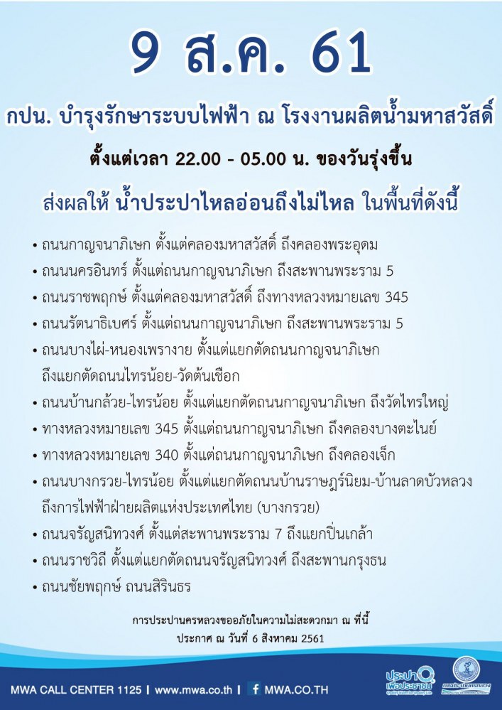 คืนนี้!!! น้ำประปาไหลอ่อนถึงไม่ไหลหลายพื้นที่
