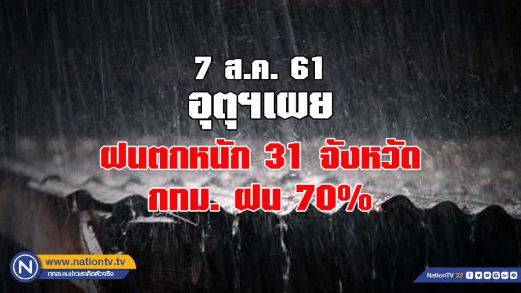 อุตุฯเผย ฝนตกหนัก 31 จังหวัด / กทม. ฝน 70%