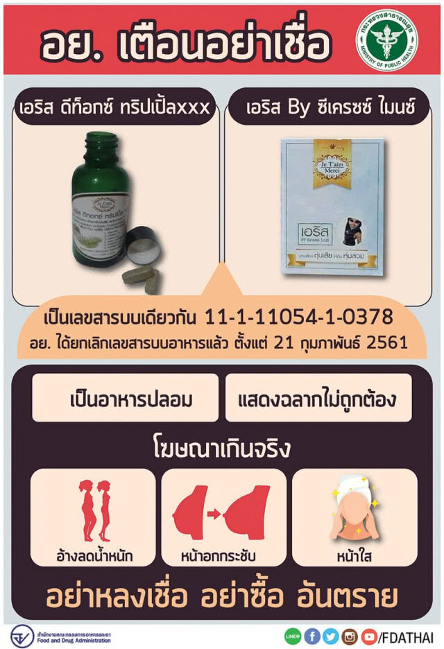 อย.เตือนอย่าเชื่อ! "เอริส" อาหารเสริมปลอม โฆษณาเกินจริง