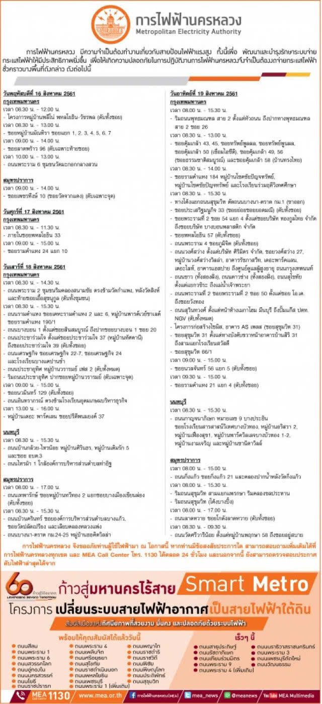 แถวบ้านใคร เช็คเลย!! กฟน.ดับไฟทำงาน 16 - 19 ส.ค.