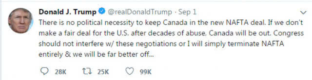 "ทรัมป์" ระบุ ไม่มีความจำเป็นทางด้านการเมือง ที่ต้องเก็บแคนาดาไว้ในข้อตกลง NAFTA ฉบับใหม่